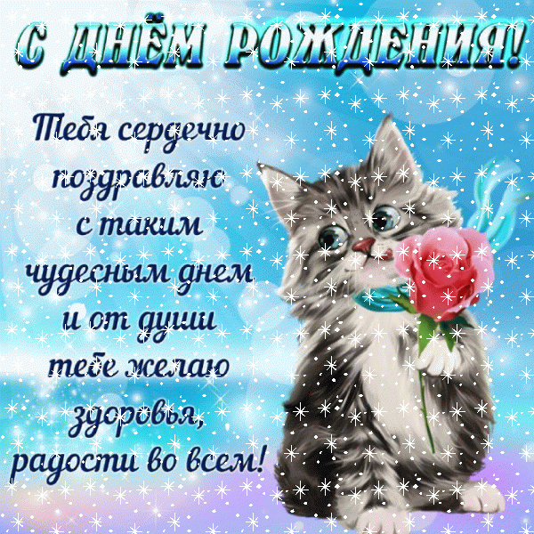 Лучшая анимационная GIF открытка «Звезды» с днём рождения девушке с поздравлениями «Чудесная картинка с маленьким котенком на День Рождения: Счастья и везения во всем (пожелание)»