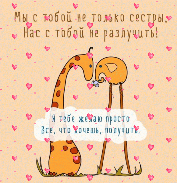 Стильная анимационная GIF картинка «Фейерверк» с днём рождения Сестре с пожеланиями «Трогательная картинка для сестры на День Рождения (нарисованные животные)»