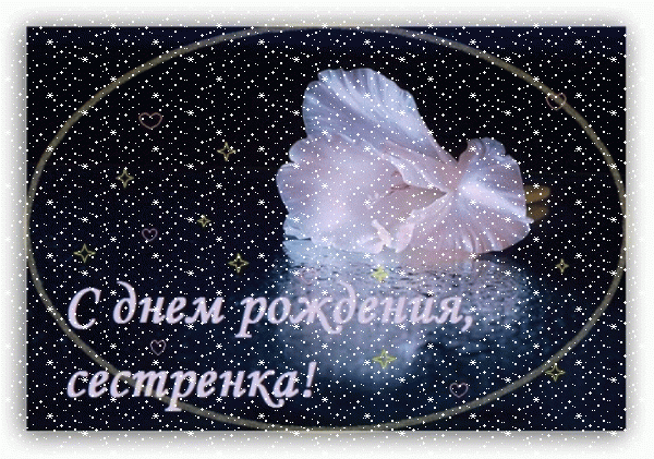 Лучшая мерцающая GIF открытка «Сердечки» с днём рождения Сестре с поздравлениями «Картинка на День Рождения сестре! Белый цветок + темный фон»
