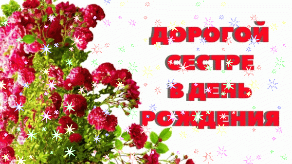Красивая мерцающая GIF картинка «Звезды» с днём рождения Сестре с поздравлениями «Красивая картинка на День Рождения сестре (красные цветы и надпись)» Красивая мерцающая GIF открытка «Звезды» с днём рождения Сестре с пожеланиями «Красивая картинка на День Рождения сестре (красные цветы и надпись)»