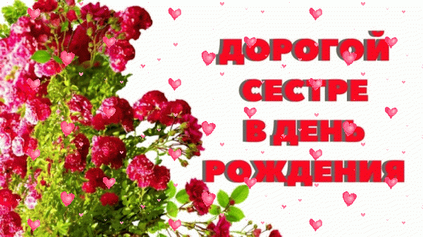 Оригинальная мерцающая GIF открытка «Фейерверк» с днём рождения Сестре с поздравлениями «Красивая картинка на День Рождения сестре (красные цветы и надпись)» Современная анимационная GIF открытка «Фейерверк» с днём рождения Сестре с поздравлениями «Красивая картинка на День Рождения сестре (красные цветы и надпись)»